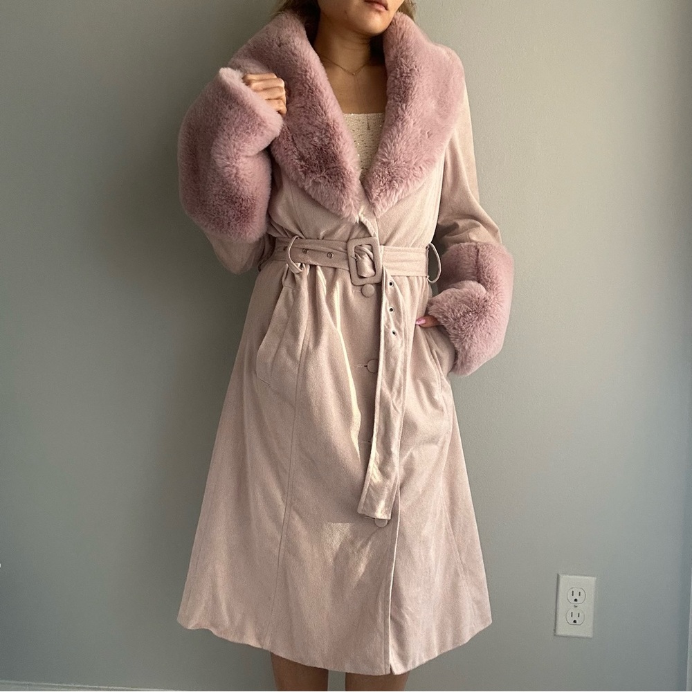 Misguided Faux Fur Trim Collar And Cuffs Faux Suede Belted Long Coat in Pink